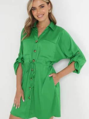 Zdjęcie produktu Zielona Koszulowa Sukienka Mini ze Ściągaczem w Pasie i Podpinanymi Rękawami Claira