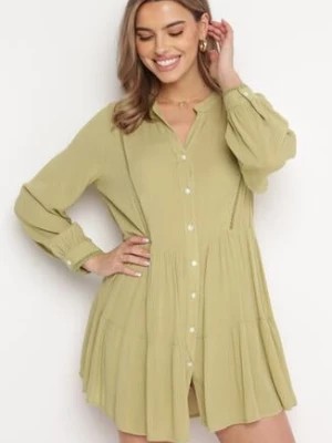Zdjęcie produktu Zielona Koszulowa Sukienka w Stylu Boho z Rozkloszowanym Dołem Liorda