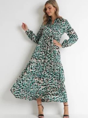 Zdjęcie produktu Zielona Koszulowa Sukienka z Falbaną w Fantazyjny Nadruk Klamee