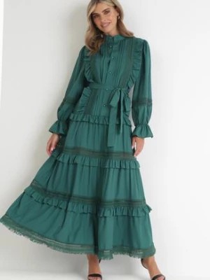 Zdjęcie produktu Zielona Koszulowa Sukienka z Falbanką i Koronką Peza