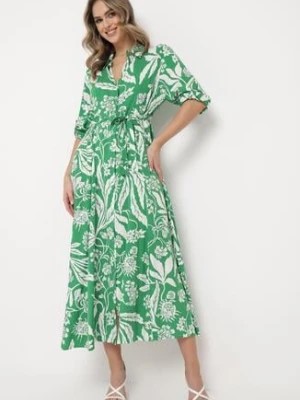 Zdjęcie produktu Zielona Koszulowa Sukienka z Roślinnym Wzorem z Wiązanym Paskiem Rosallen