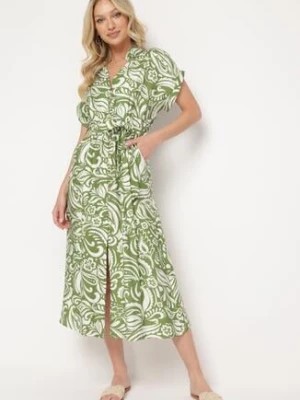 Zdjęcie produktu Zielona Koszulowa Sukienka Zapinana na Guziki z Gumką w Pasie z Materiałowym Paskiem Nelliara