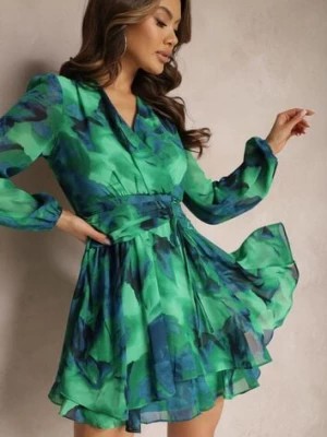 Zdjęcie produktu Zielona Krótka Sukienka Kopertowa z Abstrakcyjnym Wzorem Tie-Dye Mivern