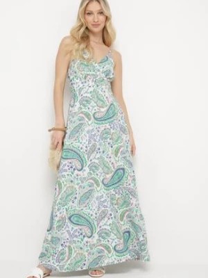 Zdjęcie produktu Zielona Letnia Sukienka we Wzór Paisley z Regulowanymi Ramiączkami i Sznurkiem w Talii Viafina