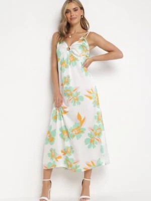 Zdjęcie produktu Biało-Zielona Maxi Sukienka na Regulowanych Ramiączkach Ozdobiona Metalowym Kółkiem przy Dekolcie Leamia