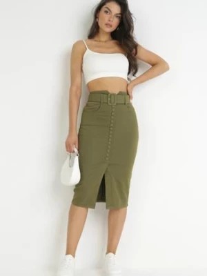 Zdjęcie produktu Zielona Ołówkowa Spódnica Midi Jeansowa z Guzikami Rilma