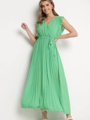Zdjęcie produktu Zielona Plisowana Sukienka Maxi Wiskozowa z Kopertowym Dekoltem i Falbankami Glimes
