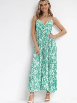 Zdjęcie produktu Zielona Plisowana Sukienka Maxi z Kopertowym Dekoltem i Gumką w Pasie Ekeze