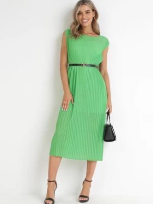 Zdjęcie produktu Zielona Plisowana Sukienka Midi z Paskiem z Imitacji Skóry Sharia