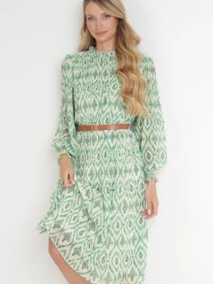 Zdjęcie produktu Zielona Plisowana Sukienka Midi z Paskiem z Klamrą Cascarria