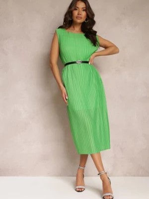Zdjęcie produktu Zielona Pudełkowa Sukienka Midi z Plisowanej Tkaniny z Paskiem z Klamerką Lanaia