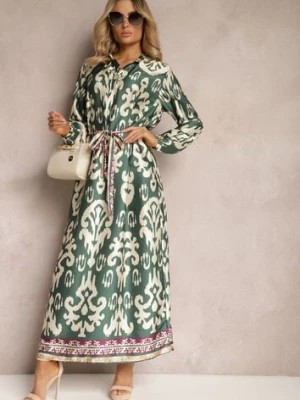 Zdjęcie produktu Zielona Pudełkowa Sukienka Satynowa z Paskiem w Talii w Ornamentalny Print Tarosa