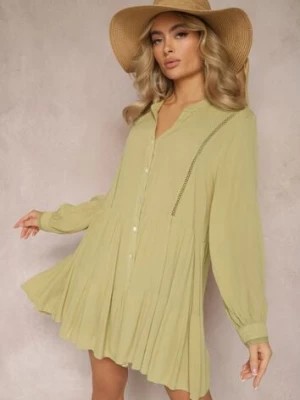Zdjęcie produktu Zielona Rozkloszowana Sukienka Koszulowa Mini w Stylu Boho Binessa