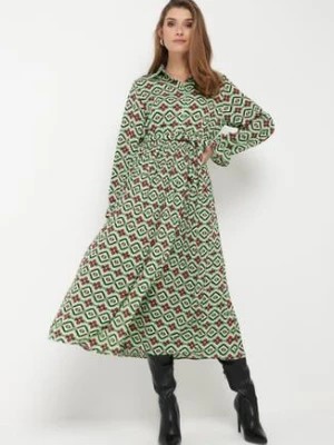 Zdjęcie produktu Zielona Rozkloszowana Sukienka Koszulowa w Geometryczny Print Larissam