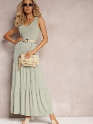 Zdjęcie produktu Zielona Rozkloszowana Sukienka Maxi z Bawełnianej Tkaniny Galaise