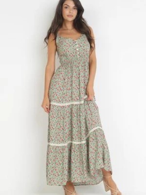 Zdjęcie produktu Zielona Rozkloszowana Sukienka Maxi z Gumką w Talii w Kwiaty Nynena
