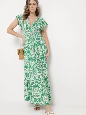 Zdjęcie produktu Zielona Rozkloszowana Sukienka Maxi z Luźnym Rękawem w Kwiatowy Print Oxeria