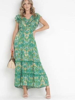 Zdjęcie produktu Zielona Rozkloszowana Sukienka Maxi z Marszczoną Gumką w Pasie i Falbanami z Wiskozy Wilsey