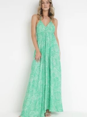 Zdjęcie produktu Zielona Rozkloszowana Sukienka Maxi z Wiązaniem na Szyi Inabella