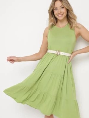 Zdjęcie produktu Zielona Rozkloszowana Sukienka Midi na Szerokich Ramiączkach z Falbanką Ursalia