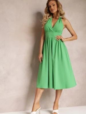 Zdjęcie produktu Zielona Rozkloszowana Sukienka Midi z Wiązaniem na Szyi Phinadi