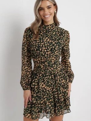Zdjęcie produktu Beżowo-Zielona Rozkloszowana Sukienka Mini w Modny Print Ozdobiona Brokatem Ifigentta