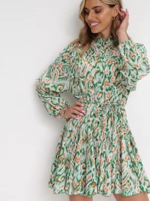 Zdjęcie produktu Zielona Rozkloszowana Sukienka Mini z Kołnierzem i Plecionym Paskiem Shirela