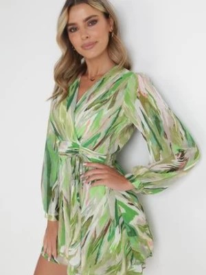Zdjęcie produktu Zielona Rozkloszowana Sukienka Mini z Kopertowym Dekoltem Ściągana w Pasie Jakla