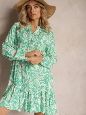 Zdjęcie produktu Zielona Rozkloszowana Sukienka Mini z Wiskozy w Koszulowym Stylu z Motywem Natury Berdia