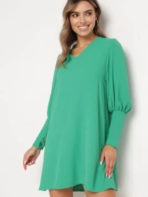 Zdjęcie produktu Zielona Rozkloszowana Sukienka Pudełkowa z Bufiastymi Rękawami Gwelan