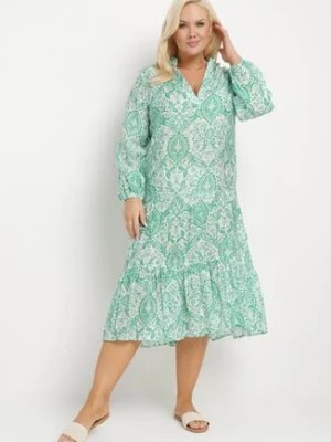 Zdjęcie produktu Zielona Rozkloszowana Sukienka z Długim Rękawem i Trójkątnym Dekoltem w Kwiaty Morpia