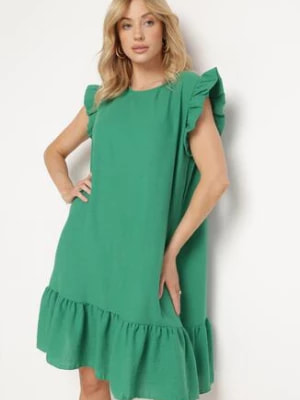 Zdjęcie produktu Zielona Rozkloszowana Sukienka z Falbanką na Dole i przy Rękawach Biojara