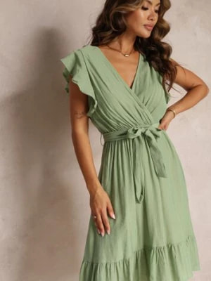 Zdjęcie produktu Zielona Rozkloszowana Sukienka z Gumką w Pasie i Kopertowym Dekoltem Araunya