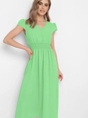 Zdjęcie produktu Zielona Rozkloszowana Sukienka z Gumką w Pasie Ozdobiona Guzikami Timaxre