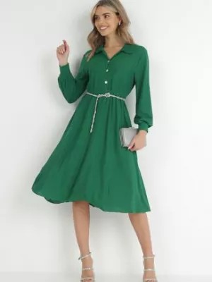Zdjęcie produktu Zielona Rozkloszowana Sukienka z Koszulową Górą Rade