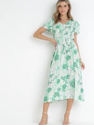 Zdjęcie produktu Zielona Rozkloszowana Sukienka z Wiskozy i Wiązanym Paskiem Asaria