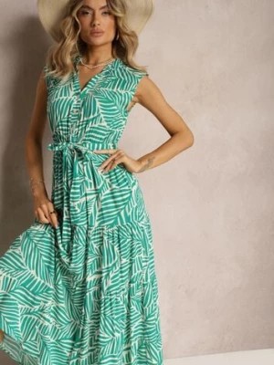 Zdjęcie produktu Zielona Rozkloszowana Sukienka z Wiskozy z Gumką w Pasie i Krótkim Rękawem Vienessa