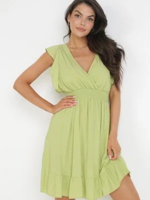 Zdjęcie produktu Zielona Rozkloszowana Wiskozowa Sukienka Mini z Ozdobnymi Falbankami Onera