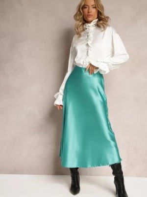 Zdjęcie produktu Zielona Satynowa Midi Spódnica Rozkloszowana z Gumką w Pasie i Suwakiem Leose