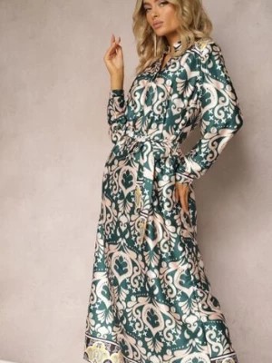 Zdjęcie produktu Zielono-Beżowa Satynowa Sukienka w Ornamentalny Wzór o Pudełkowym Fasonie Elirosa