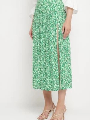 Zdjęcie produktu Zielona Spódnica Midi z Wiskozy z Mocnym Rozcięciem na Boku Aliratta
