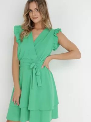 Zdjęcie produktu Zielona Sukienka Kopertowa z Falbankami i Wiązaniem Dalim