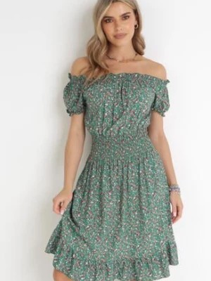 Zdjęcie produktu Zielona Sukienka Hiszpanka z Bawełny z Gumką w Pasie Viliana