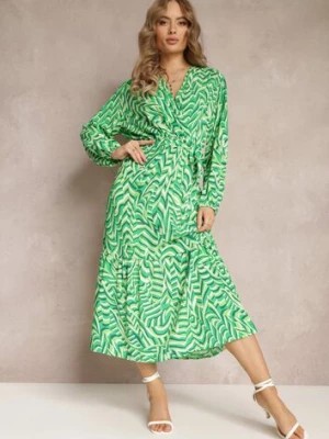 Zdjęcie produktu Zielona Sukienka Kopertowa z Wiązanym Paskiem i Fantazyjnym Printem Nevilia