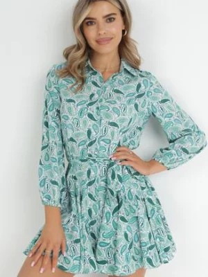 Zdjęcie produktu Zielona Sukienka Koszulowa Mini Zdobiona Wzorem Paisley z Wiązanym Paskiem Lanoda