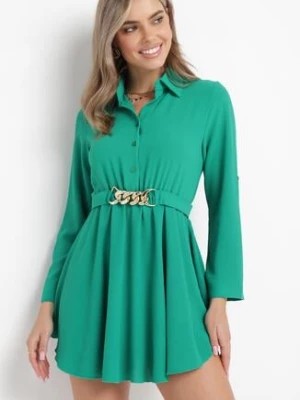 Zdjęcie produktu Zielona Sukienka Koszulowa z Ozdobnym Paskiem i Gumką w Pasie Tanish