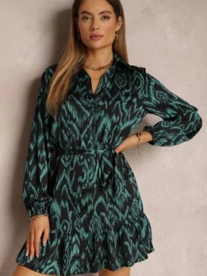 Zdjęcie produktu Zielona Sukienka Koszulowa z Wiązanym Paskiem i Falbankami Khristina