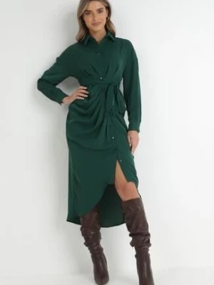 Zdjęcie produktu Zielona Sukienka Koszulowa z Wiązanym Paskiem i Marszczeniem Hinula
