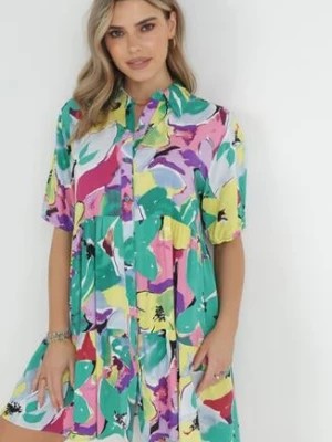 Zdjęcie produktu Zielona Sukienka Koszulowa z Wiskozy w Kolorowy Wzór Arisia