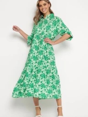 Zdjęcie produktu Zielona Sukienka Maxi w Kwiatowy Wzór z Koszulową Górą Lithaia
